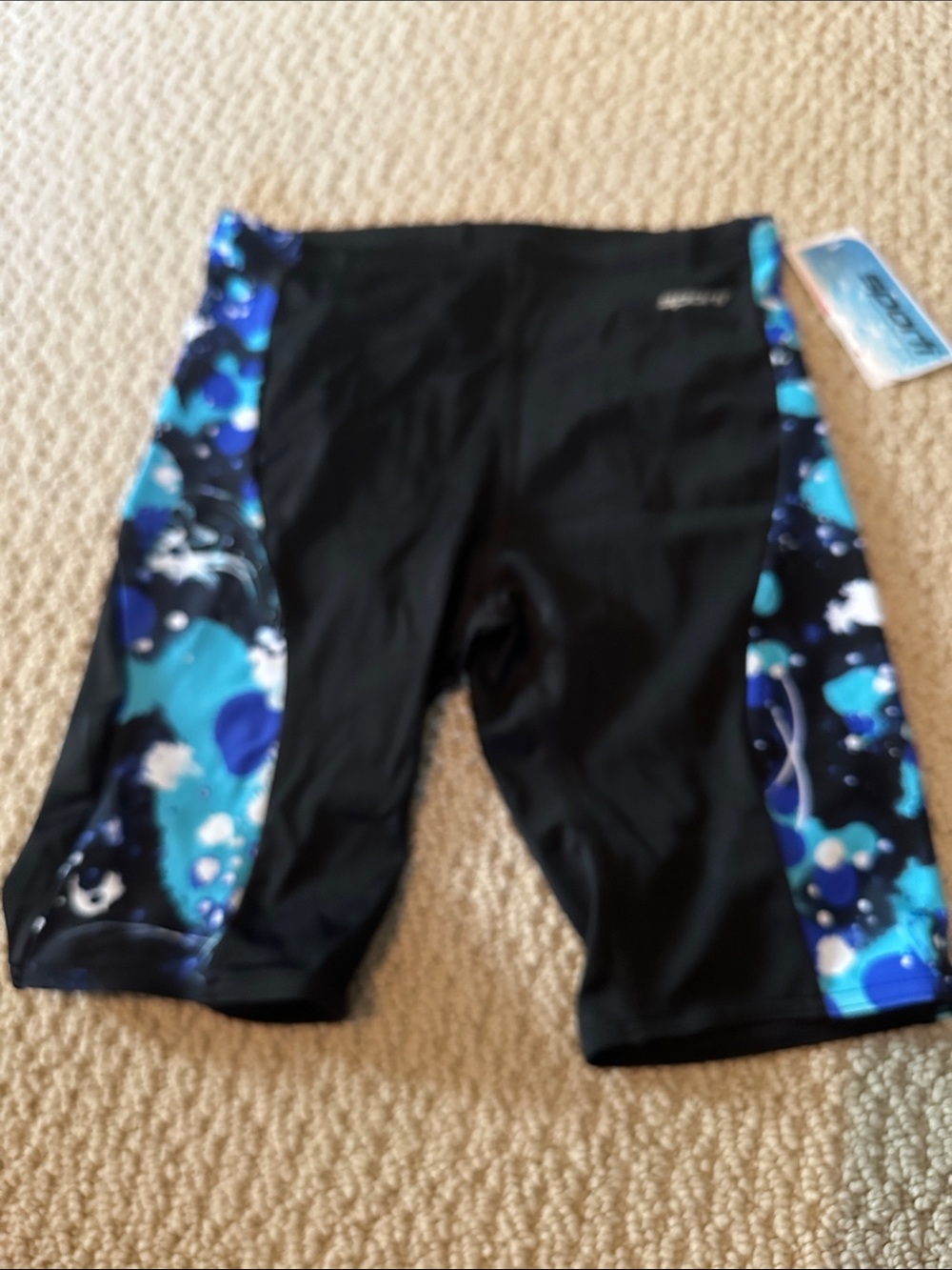 Sporti size 30 Men’s Black Swim Jammers with Blue Patterned Side Panels NWT